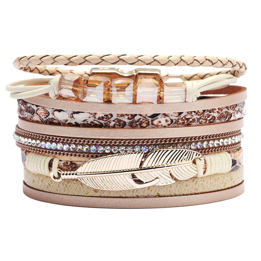 Bracelet cuir plume femme | Bijou bohème élégant Beige