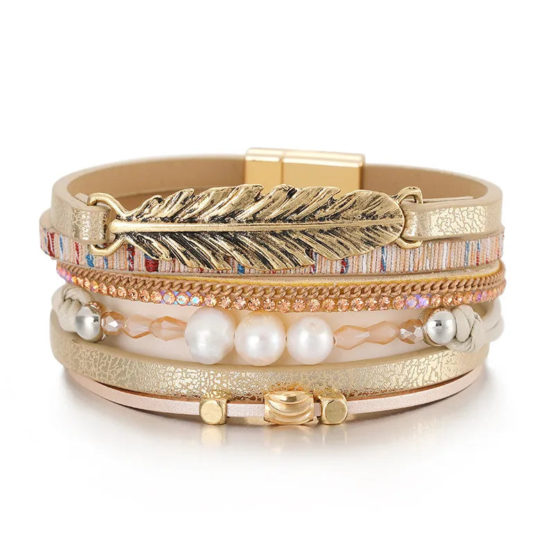 Bracelet cuir plume femme | Bijou bohème élégant Beige