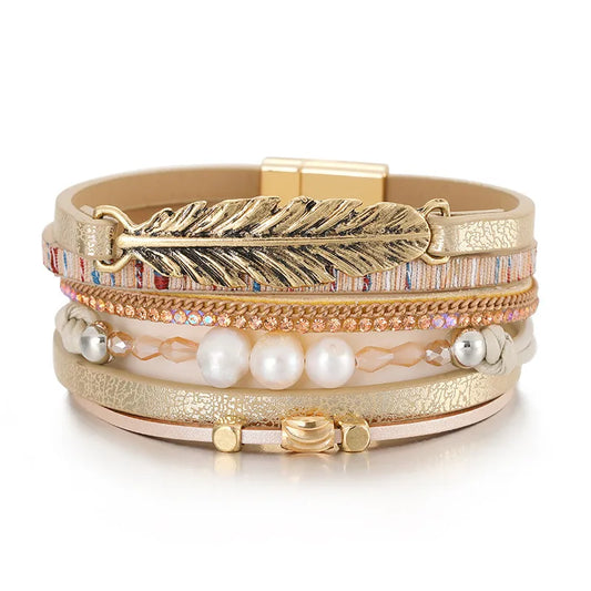 Bracelet cuir plume femme | Bijou bohème élégant Beige