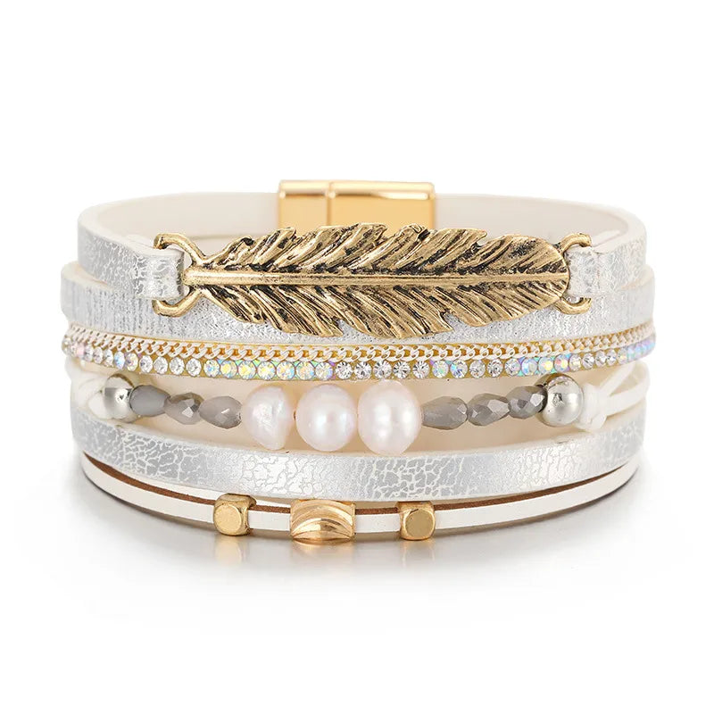 Bracelet cuir plume femme | Bijou bohème élégant Blanc