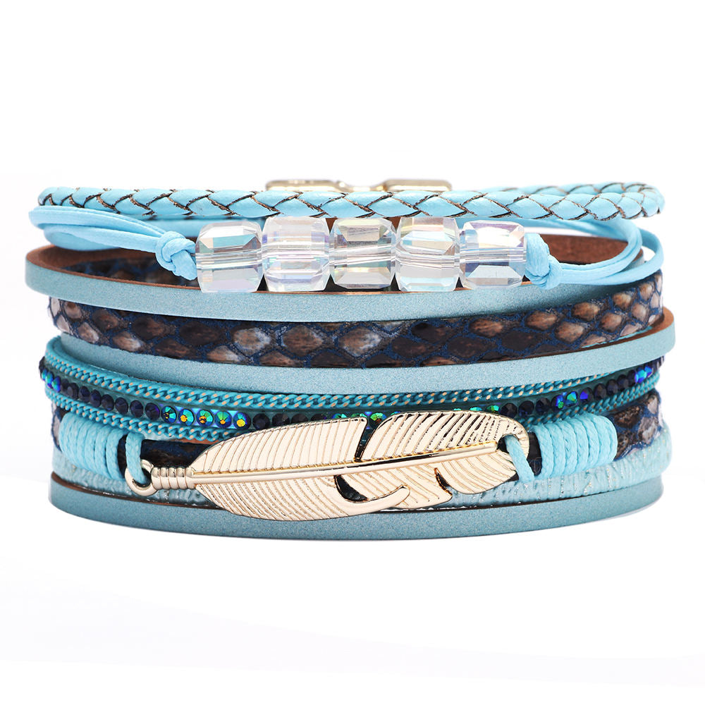 Bracelet cuir plume femme | Bijou bohème élégant Bleu
