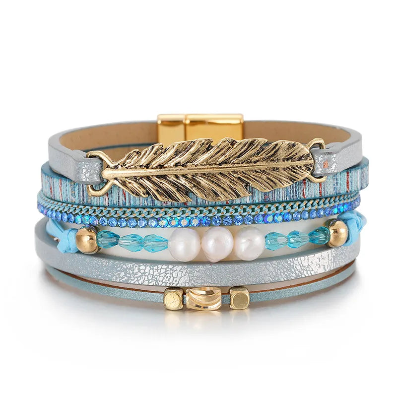 Bracelet cuir plume femme | Bijou bohème élégant Bleu