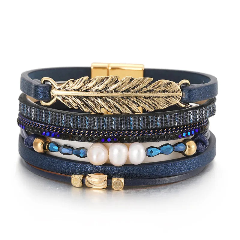 Bracelet cuir plume femme | Bijou bohème élégant Bleu Foncé