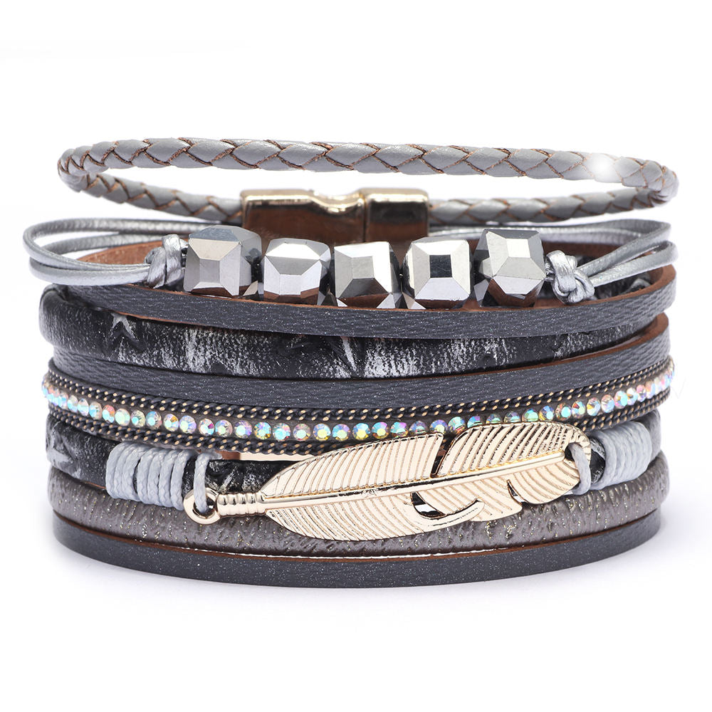 Bracelet cuir plume femme | Bijou bohème élégant Gris