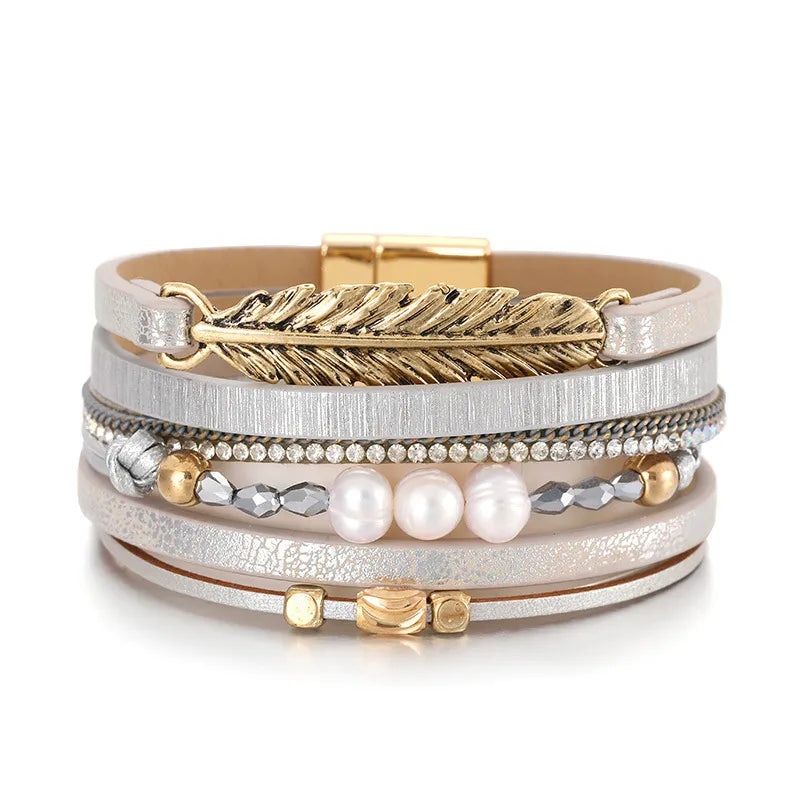 Bracelet cuir plume femme | Bijou bohème élégant Gris