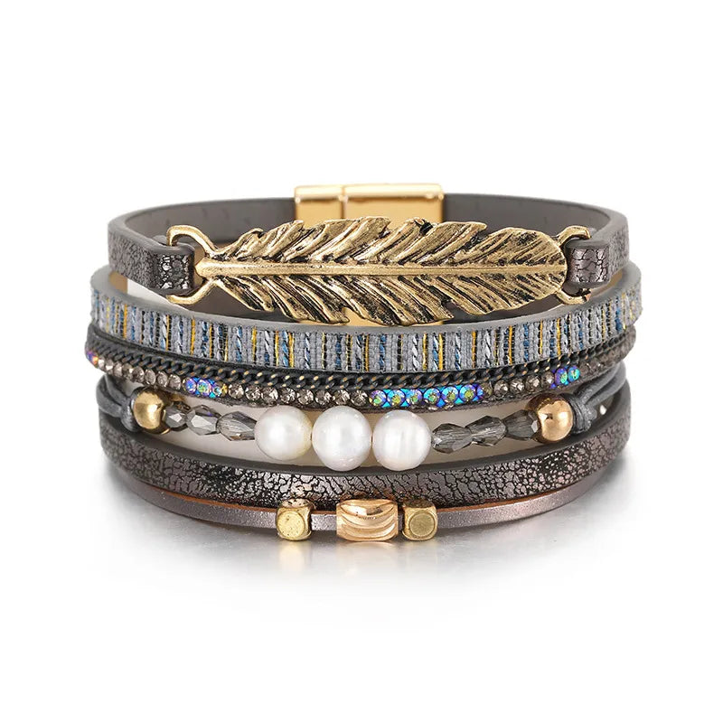 Bracelet cuir plume femme | Bijou bohème élégant Gris Foncé