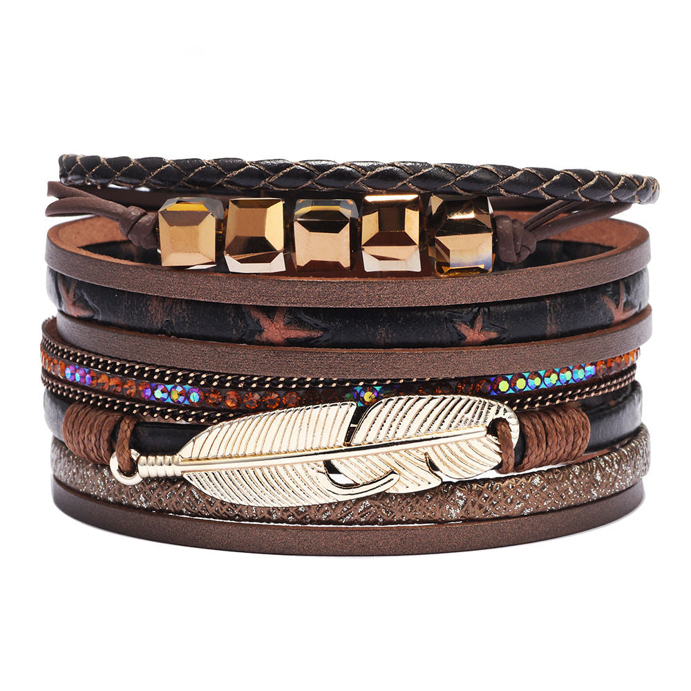 Bracelet cuir plume femme | Bijou bohème élégant Marron