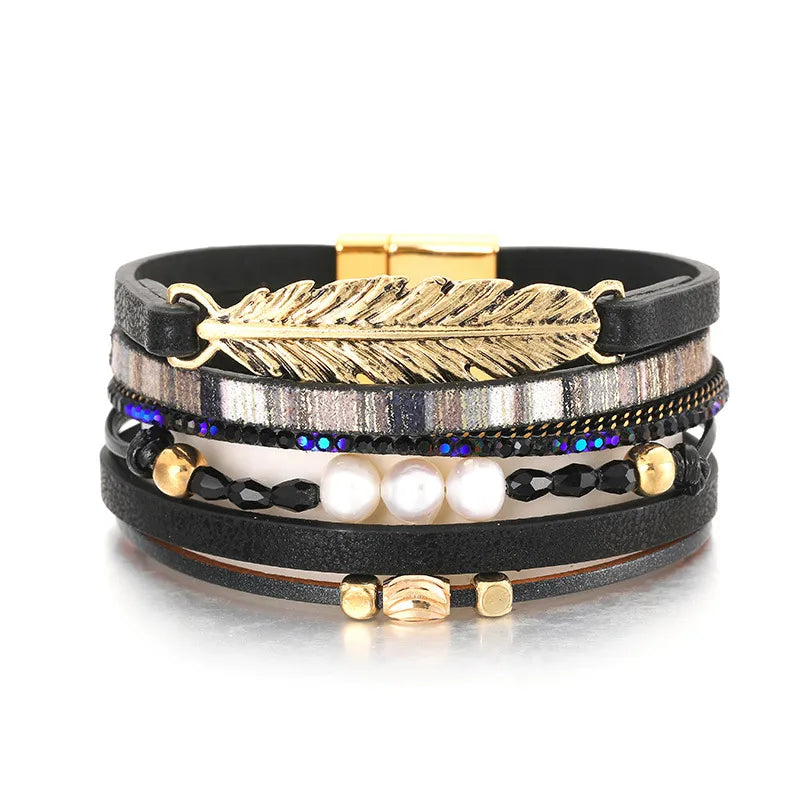 Bracelet cuir plume femme | Bijou bohème élégant Noir