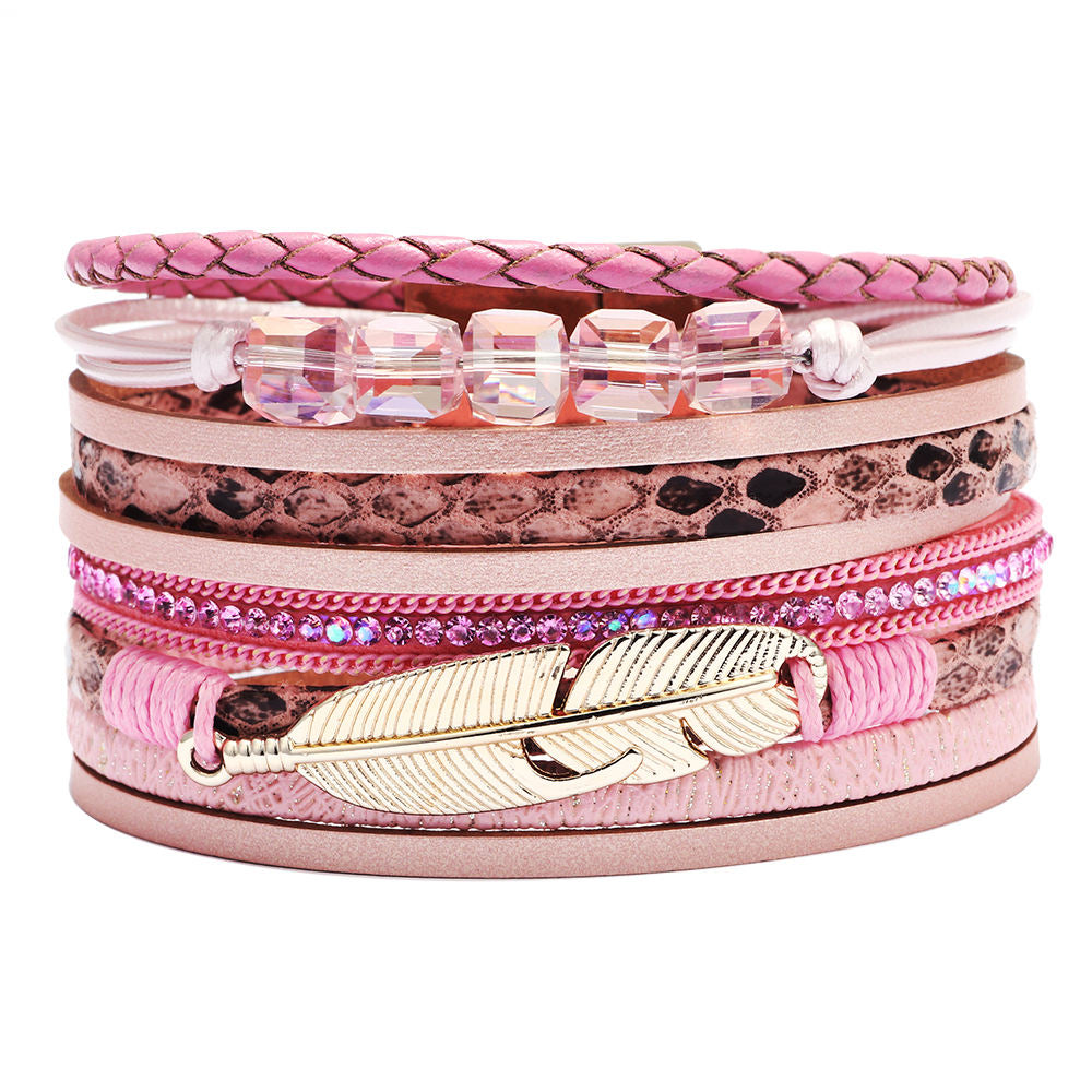 Bracelet cuir plume femme | Bijou bohème élégant Rose