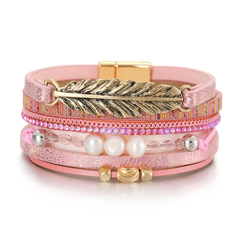Bracelet cuir plume femme | Bijou bohème élégant Rose