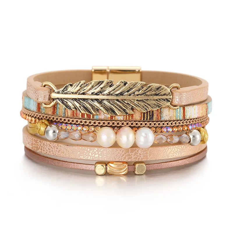 Bracelet cuir plume femme | Bijou bohème élégant Rose Clair