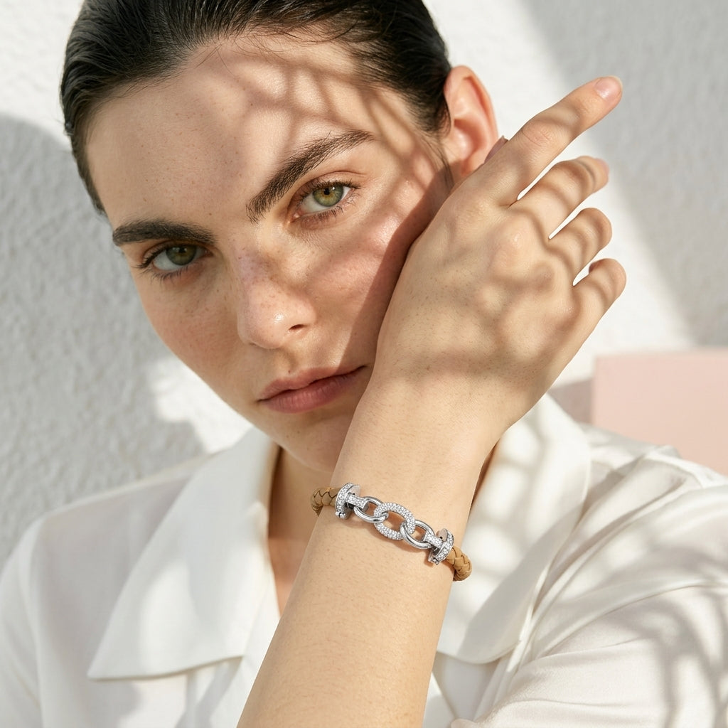 Bracelet cuir tressé femme à maillons argent