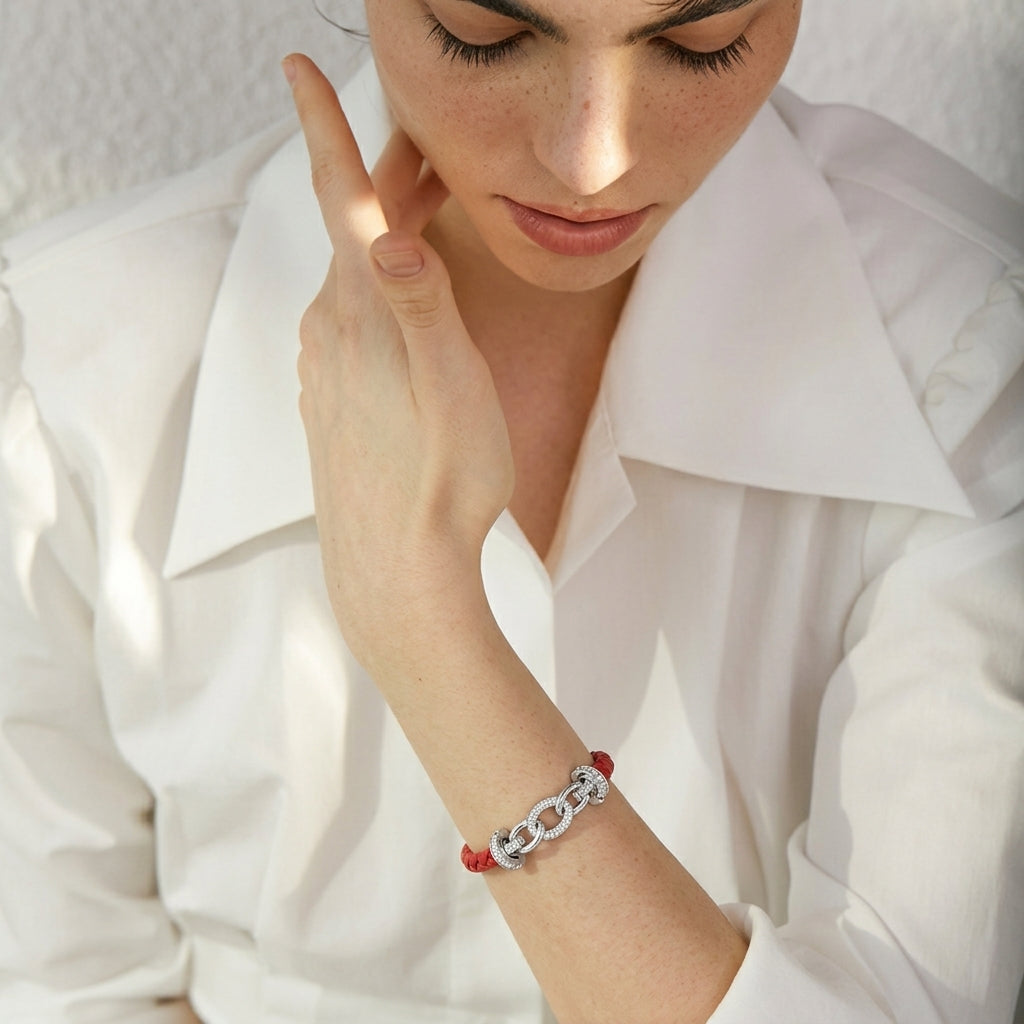 Bracelet cuir tressé femme à maillons argent