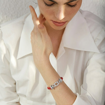 Bracelet cuir tressé femme à maillons argent