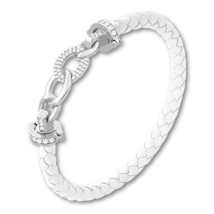 Bracelet cuir tressé femme à maillons argent Blanc / 16cm