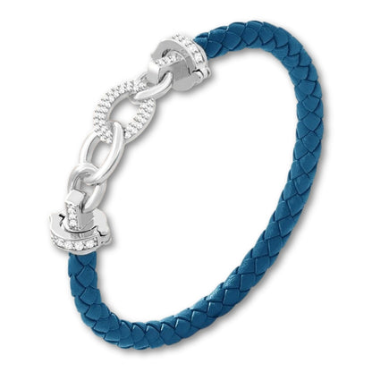 Bracelet cuir tressé femme à maillons argent Bleu / 16cm