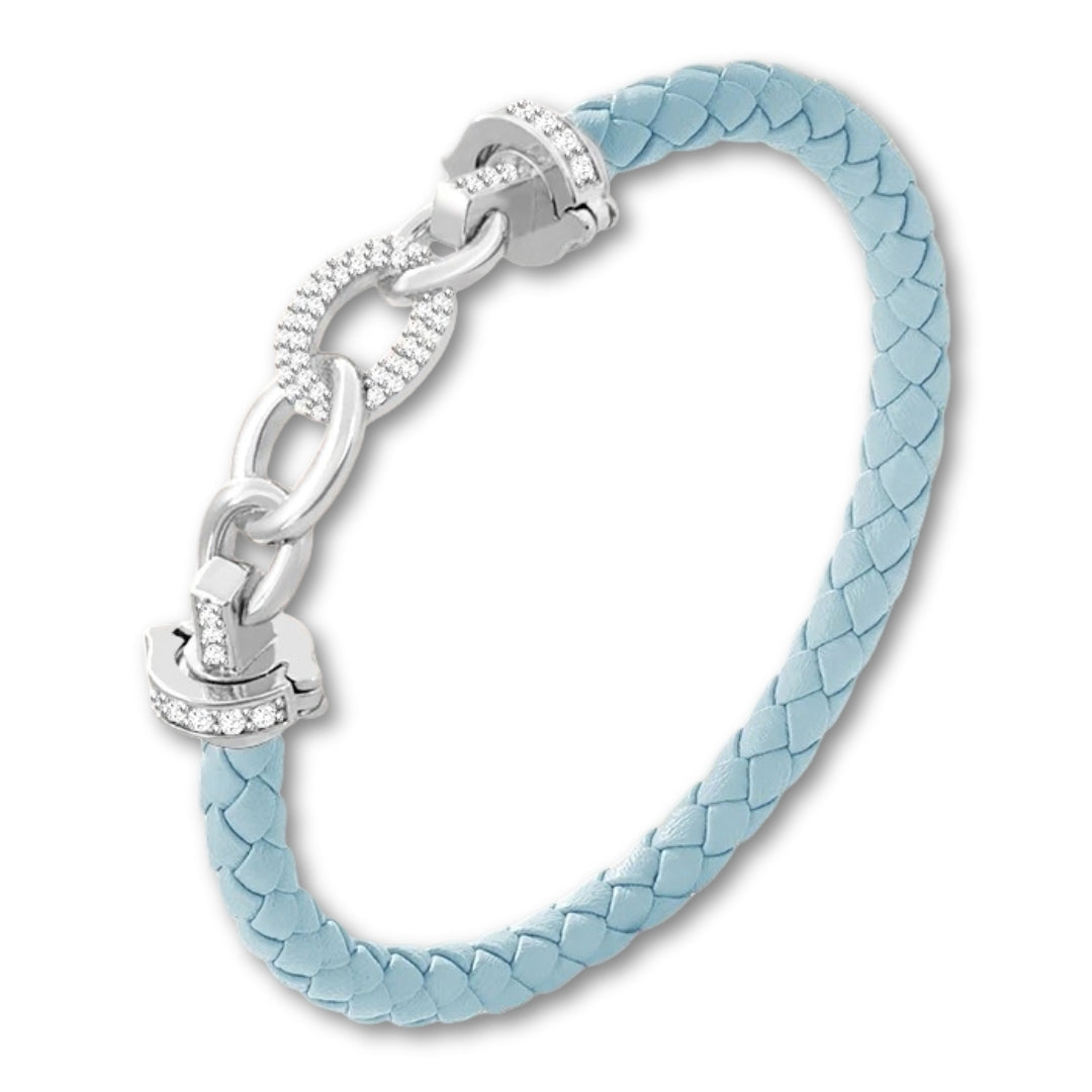 Bracelet cuir tressé femme à maillons argent Bleu Clair / 16cm