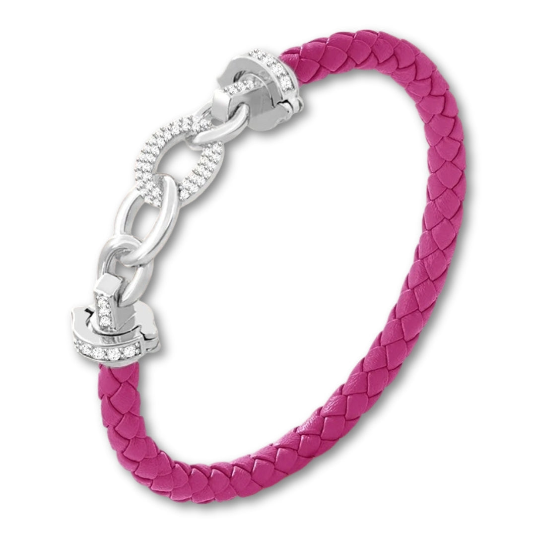 Bracelet cuir tressé femme à maillons argent Fushia / 16cm