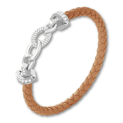 Bracelet cuir tressé femme à maillons argent Marron / 16cm