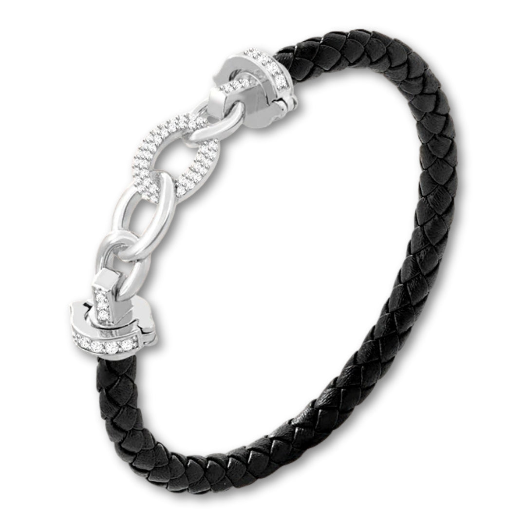Bracelet cuir tressé femme à maillons argent Noir / 16cm