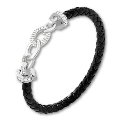 Bracelet cuir tressé femme à maillons argent Noir / 16cm