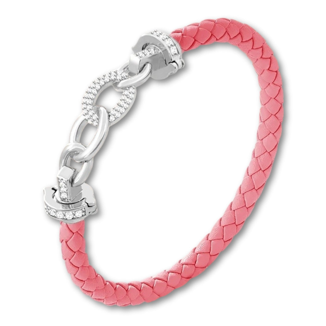 Bracelet cuir tressé femme à maillons argent Rose / 16cm