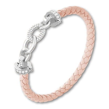Bracelet cuir tressé femme à maillons argent Rose Clair / 16cm