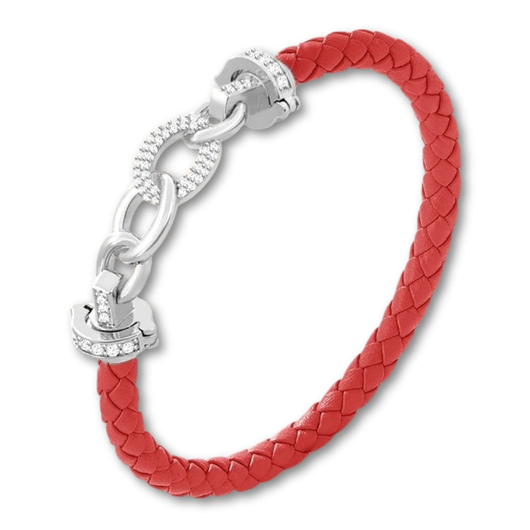 Bracelet cuir tressé femme à maillons argent Rouge / 16cm