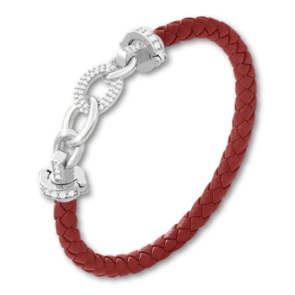 Bracelet cuir tressé femme à maillons argent Rouge Foncé / 16cm