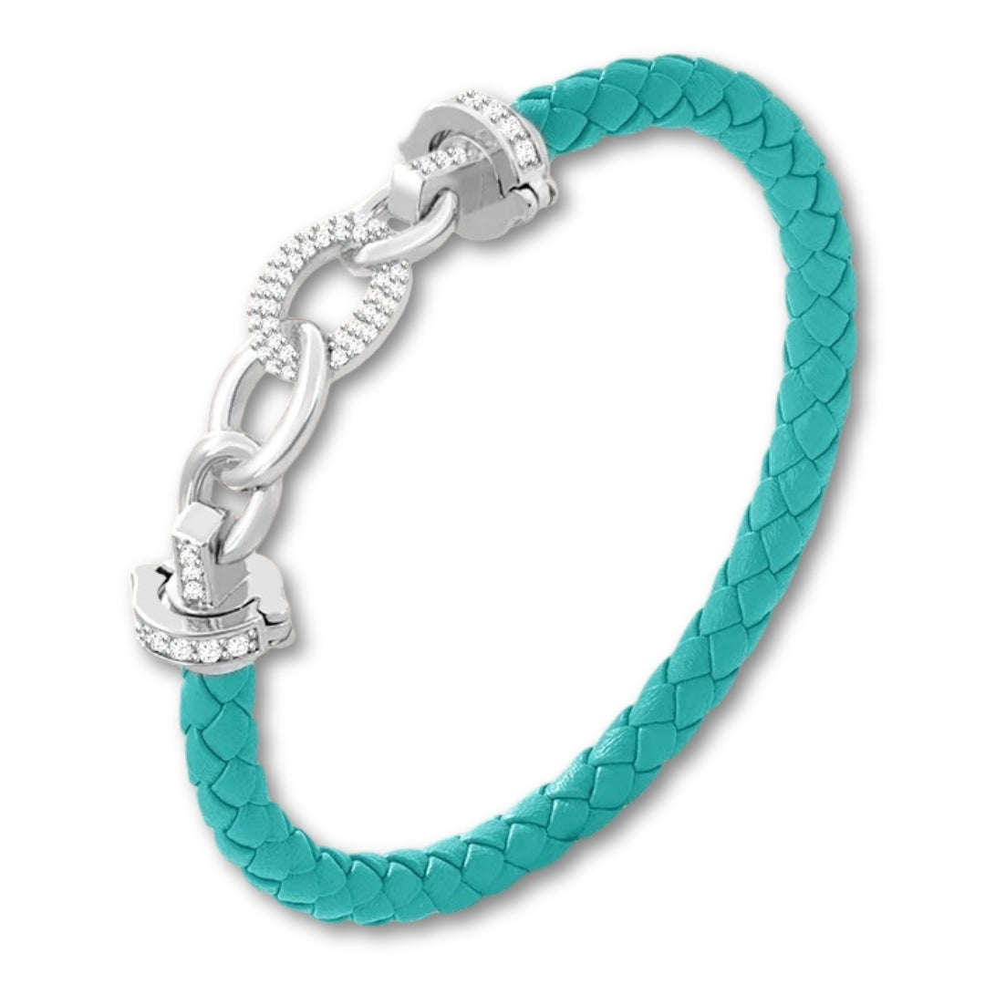 Bracelet cuir tressé femme à maillons argent Turquoise / 16cm
