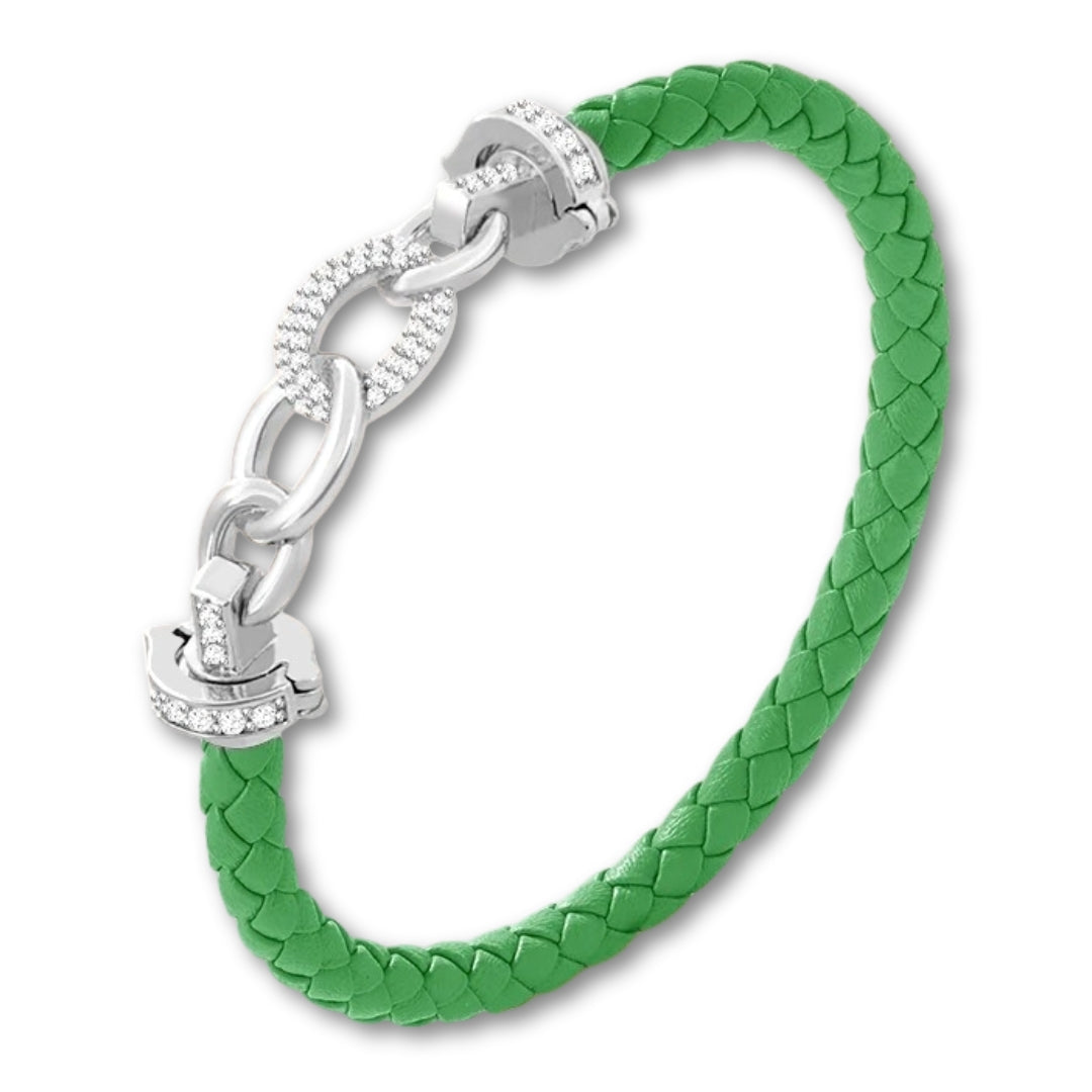 Bracelet cuir tressé femme à maillons argent Vert / 16cm