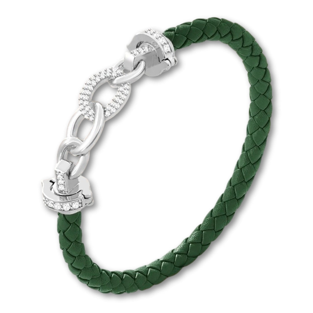 Bracelet cuir tressé femme à maillons argent Vert Foncé / 16cm