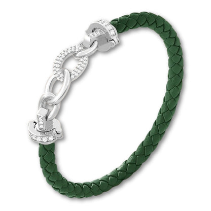 Bracelet cuir tressé femme à maillons argent Vert Foncé / 16cm