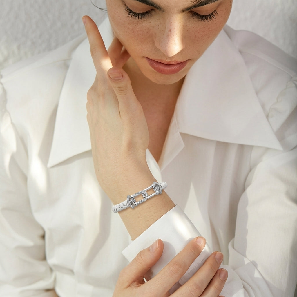 Bracelet cuir tressé femme bracelet argenté zircon | WristArt