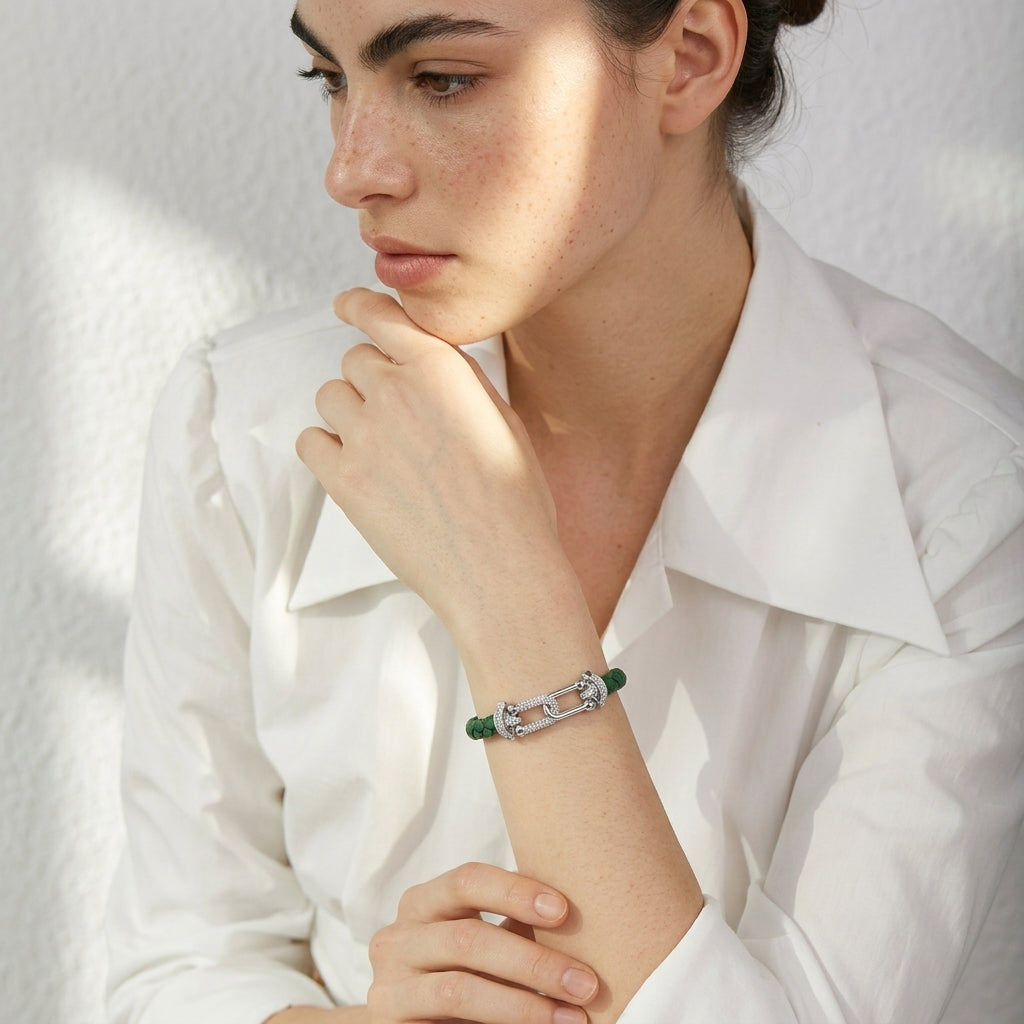 Bracelet cuir tressé femme bracelet argenté zircon | WristArt