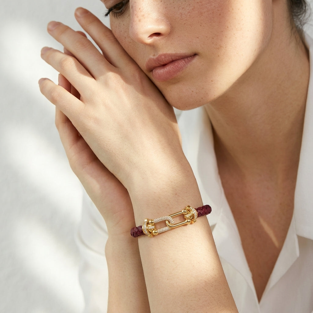 Bracelet cuir tressé femme bracelet doré zircon | WristArt