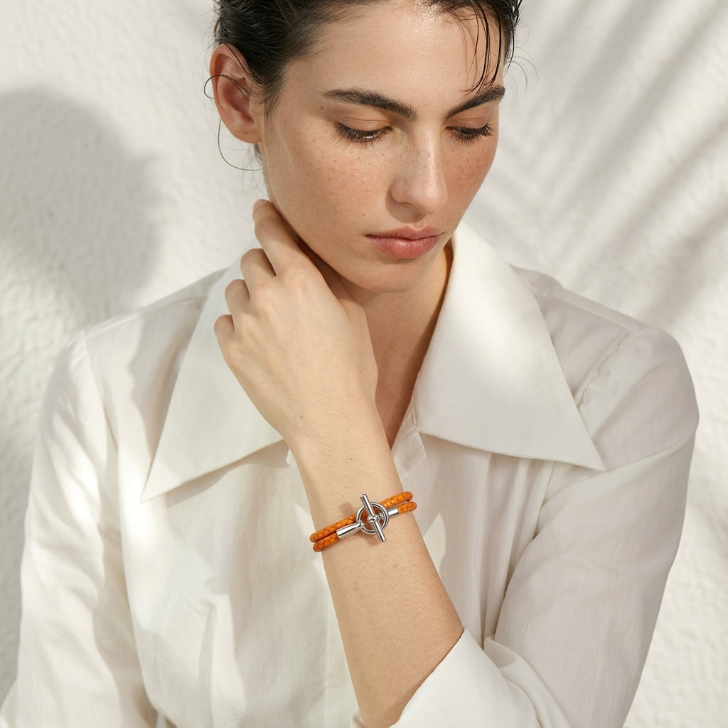 Bracelet cuir tressé femme double tour argenté | WristArt