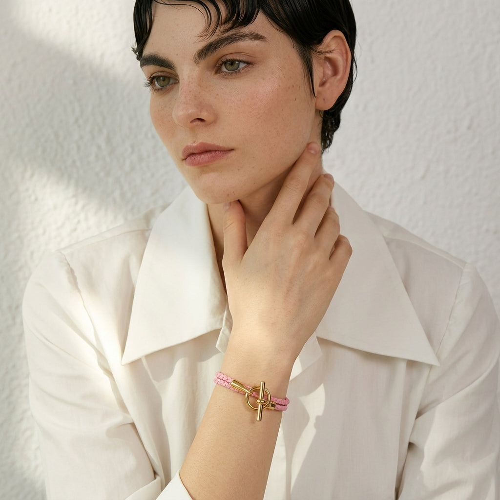 Bracelet cuir tressé femme double tour doré | WristArt