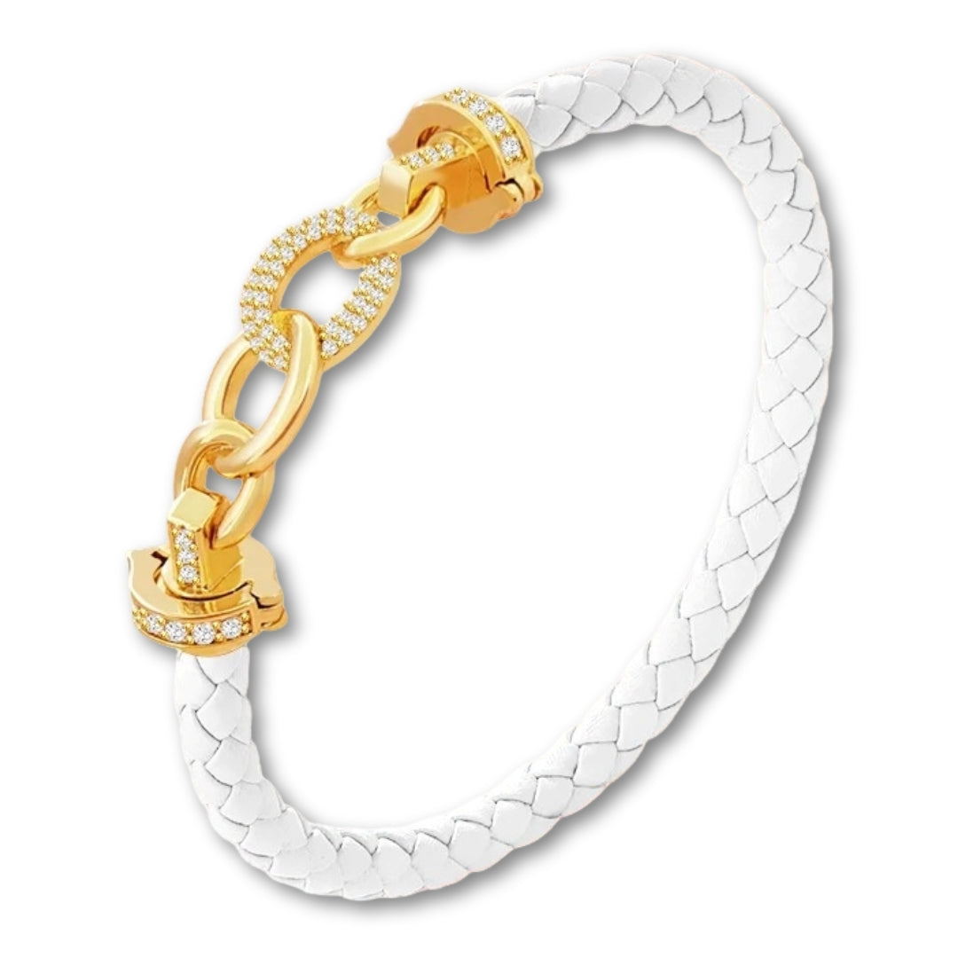 Bracelet cuir tressé femme maillons dorés | Élégant et raffiné Blanc / 16cm