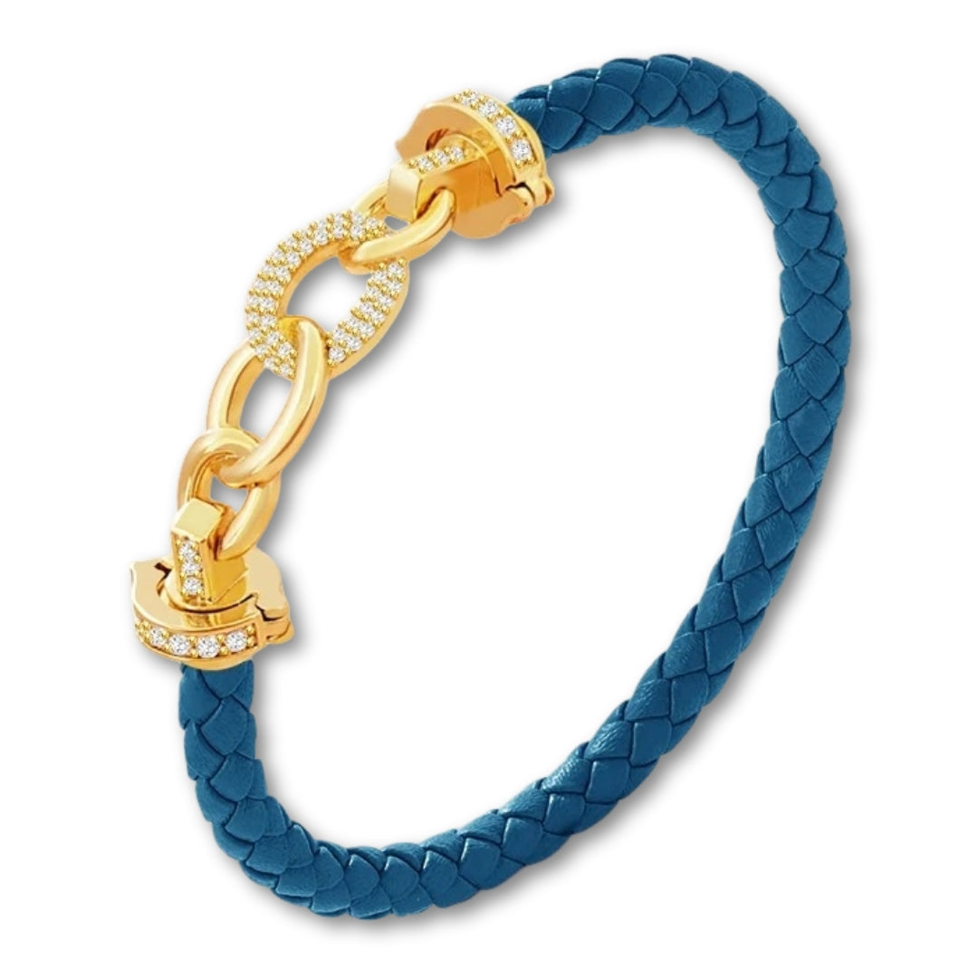 Bracelet cuir tressé femme maillons dorés | Élégant et raffiné Bleu / 16cm
