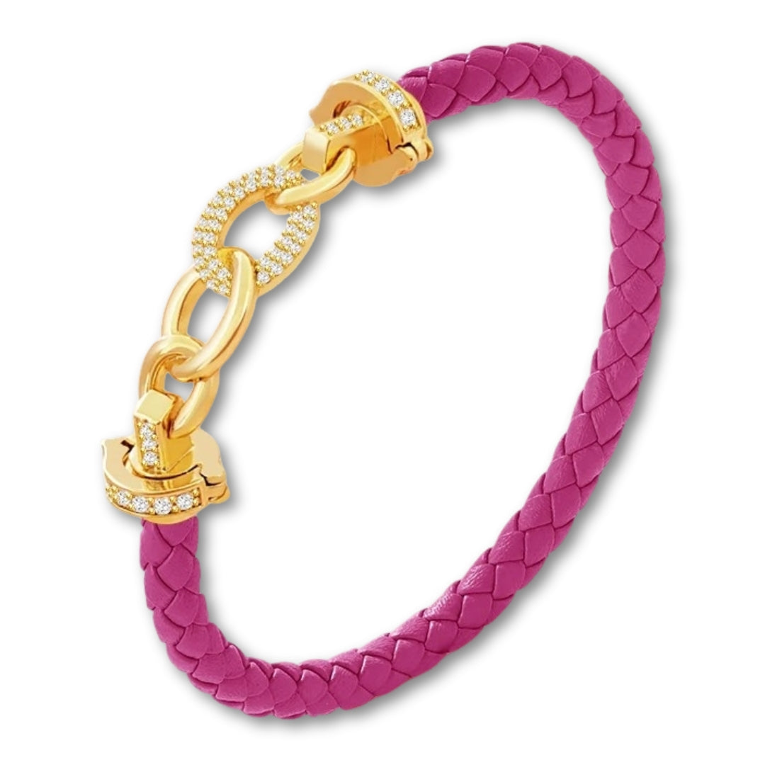 Bracelet cuir tressé femme maillons dorés | Élégant et raffiné Fushia / 16cm
