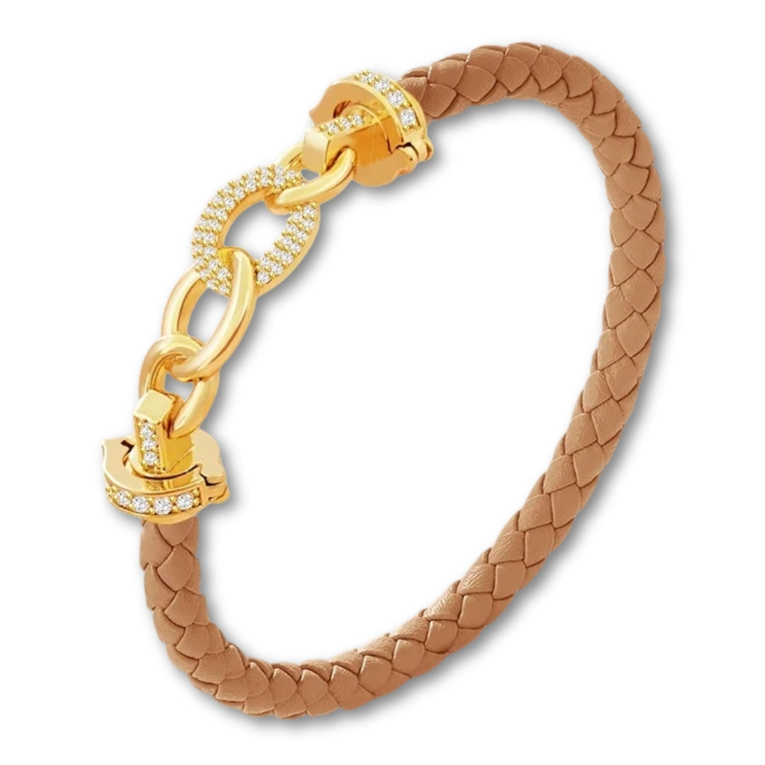 Bracelet cuir tressé femme maillons dorés | Élégant et raffiné Marron / 16cm