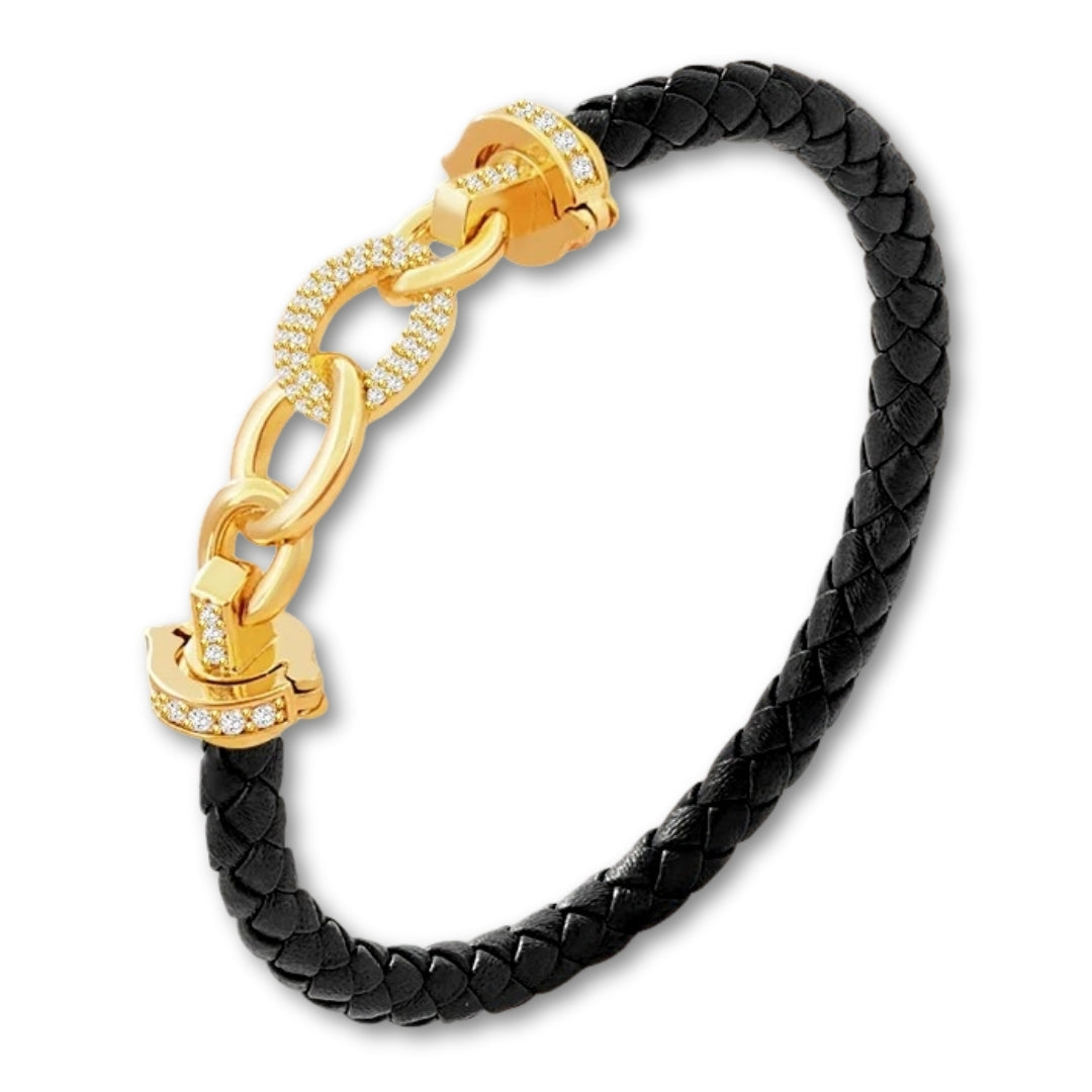 Bracelet cuir tressé femme maillons dorés | Élégant et raffiné Noir / 16cm