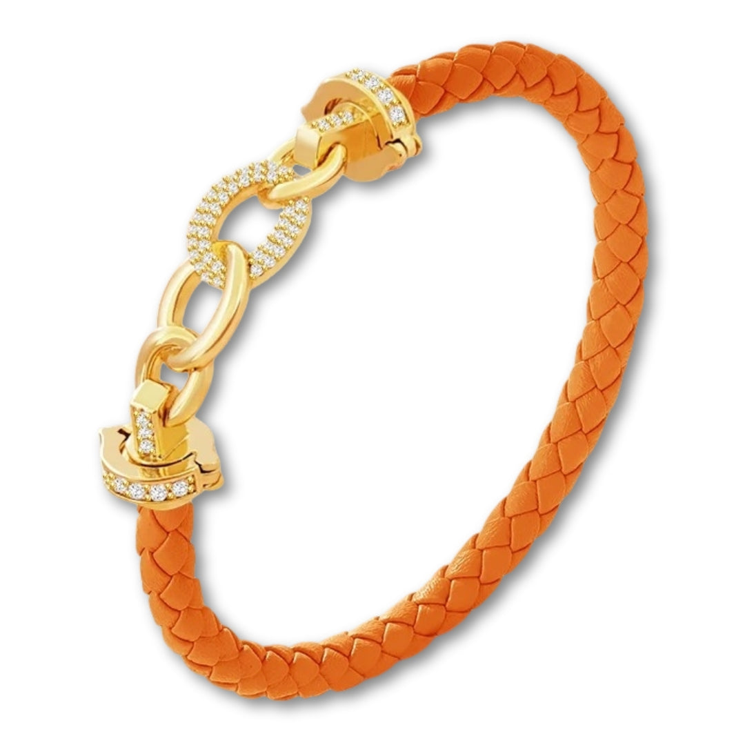 Bracelet cuir tressé femme maillons dorés | Élégant et raffiné Orange / 16cm