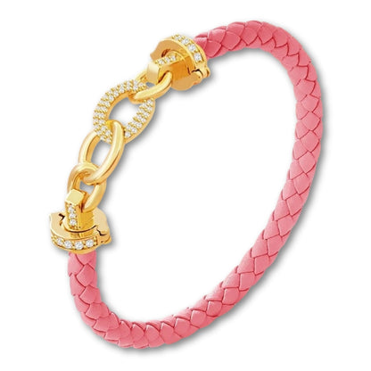 Bracelet cuir tressé femme maillons dorés | Élégant et raffiné Rose / 16cm