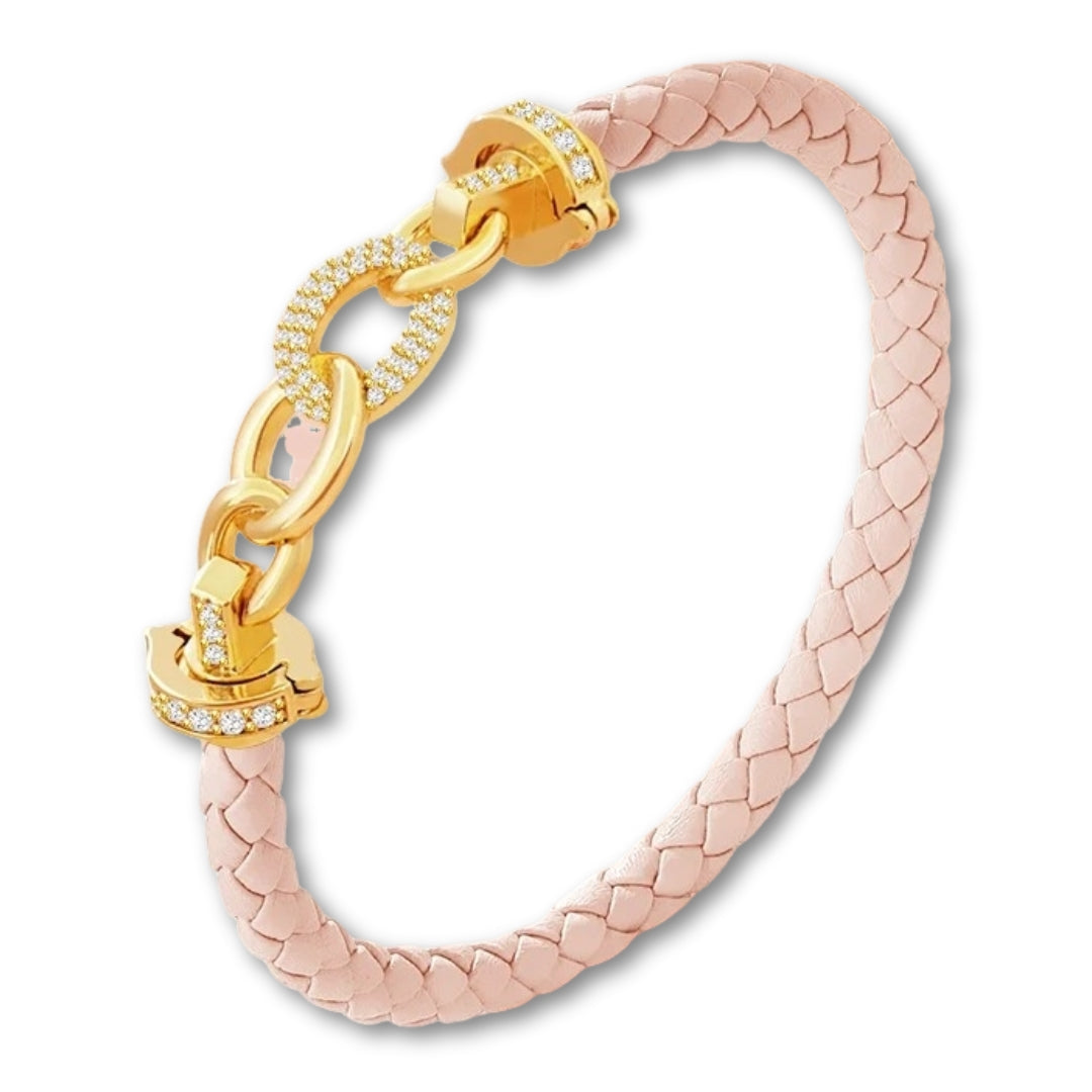 Bracelet cuir tressé femme maillons dorés | Élégant et raffiné Rose Clair / 16cm