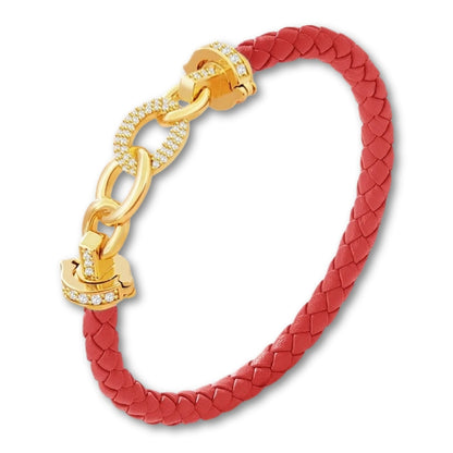 Bracelet cuir tressé femme maillons dorés | Élégant et raffiné Rouge / 16cm