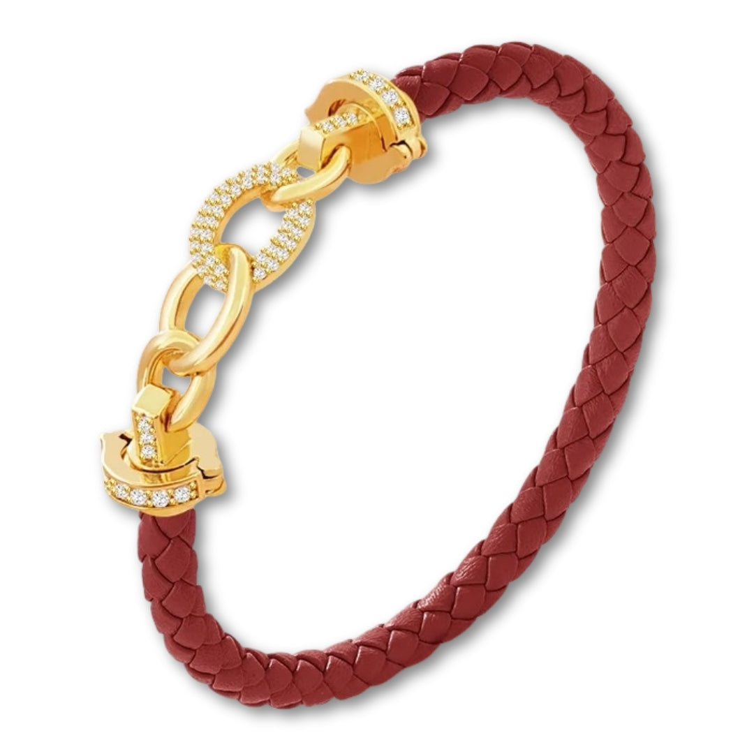 Bracelet cuir tressé femme maillons dorés | Élégant et raffiné Rouge Foncé / 16cm