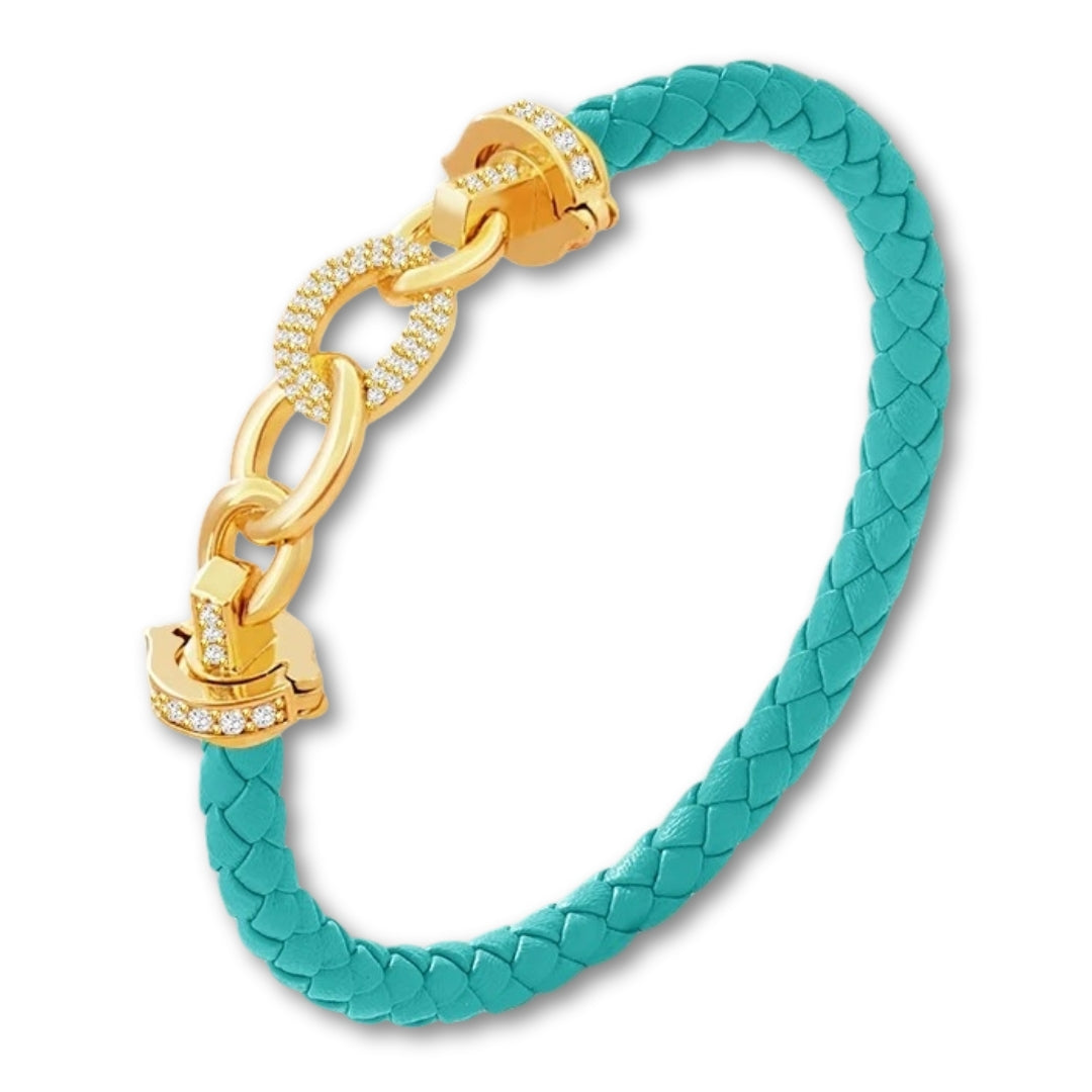 Bracelet cuir tressé femme maillons dorés | Élégant et raffiné Turquoise / 16cm