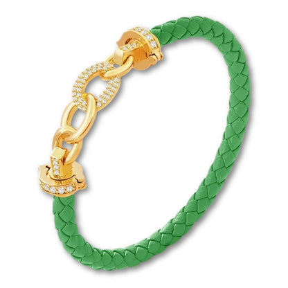 Bracelet cuir tressé femme maillons dorés | Élégant et raffiné Vert / 16cm